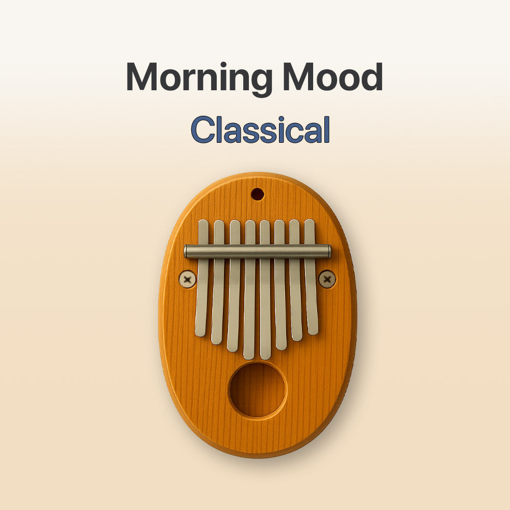 Wooden kalimba with 'Morning Mood Classical' text on a beige background