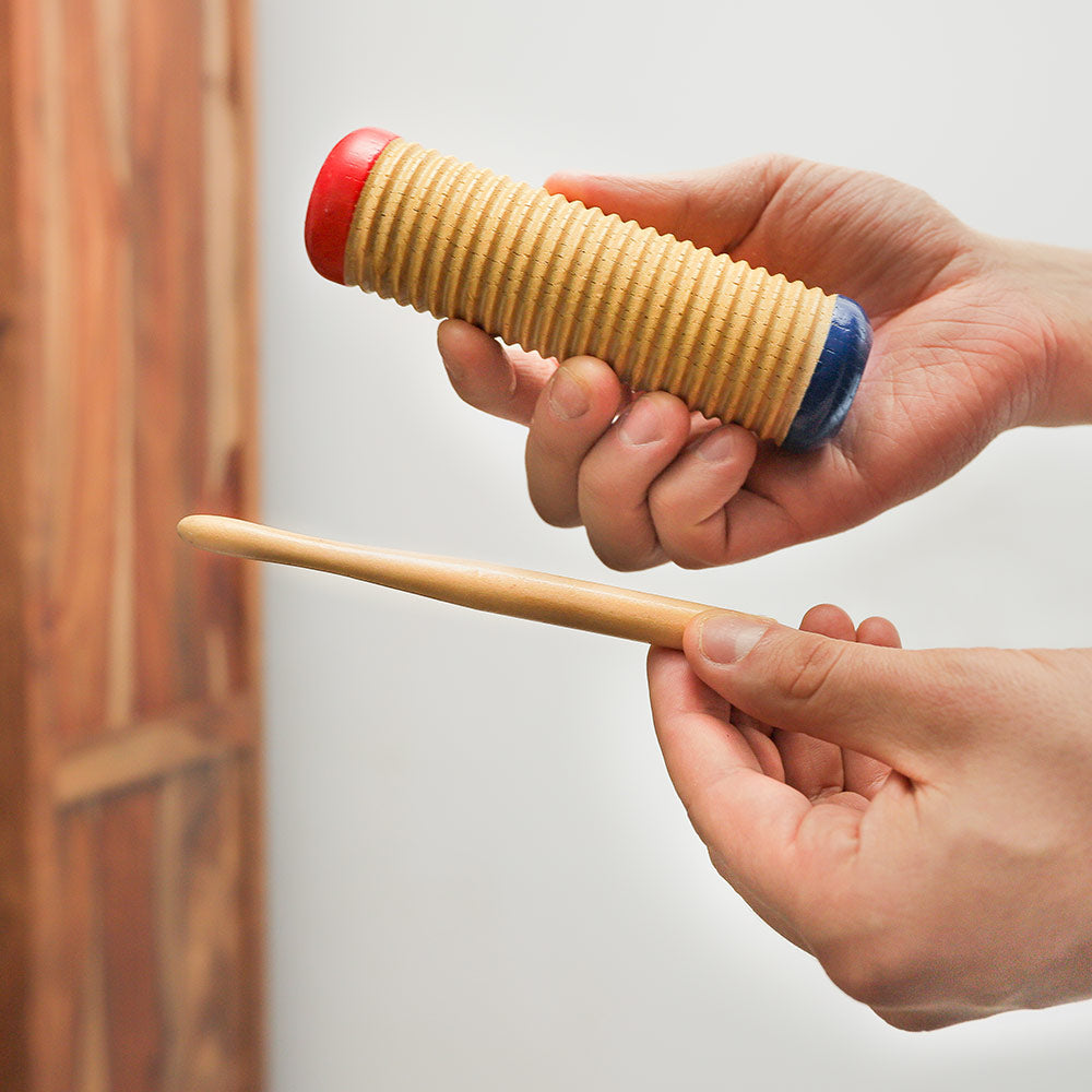 Morus guiro shaker held in hand, demonstrating its size and natural construction.