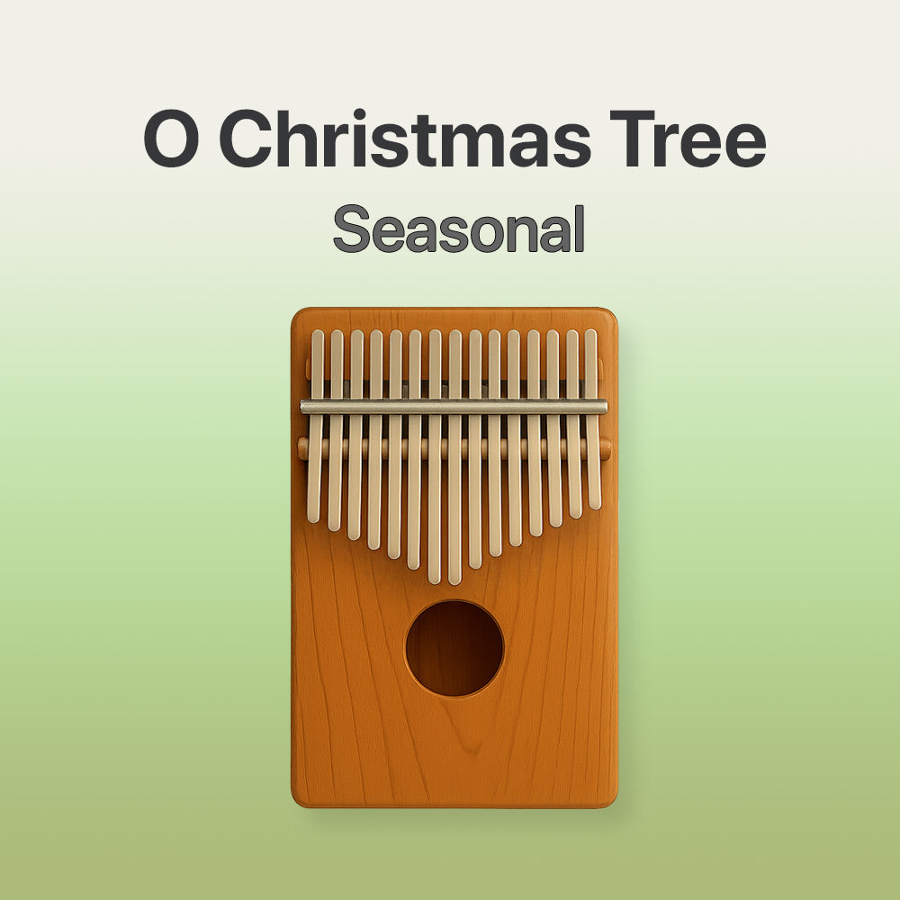 Wooden kalimba with 'O Christmas Tree Seasonal' text on a green background