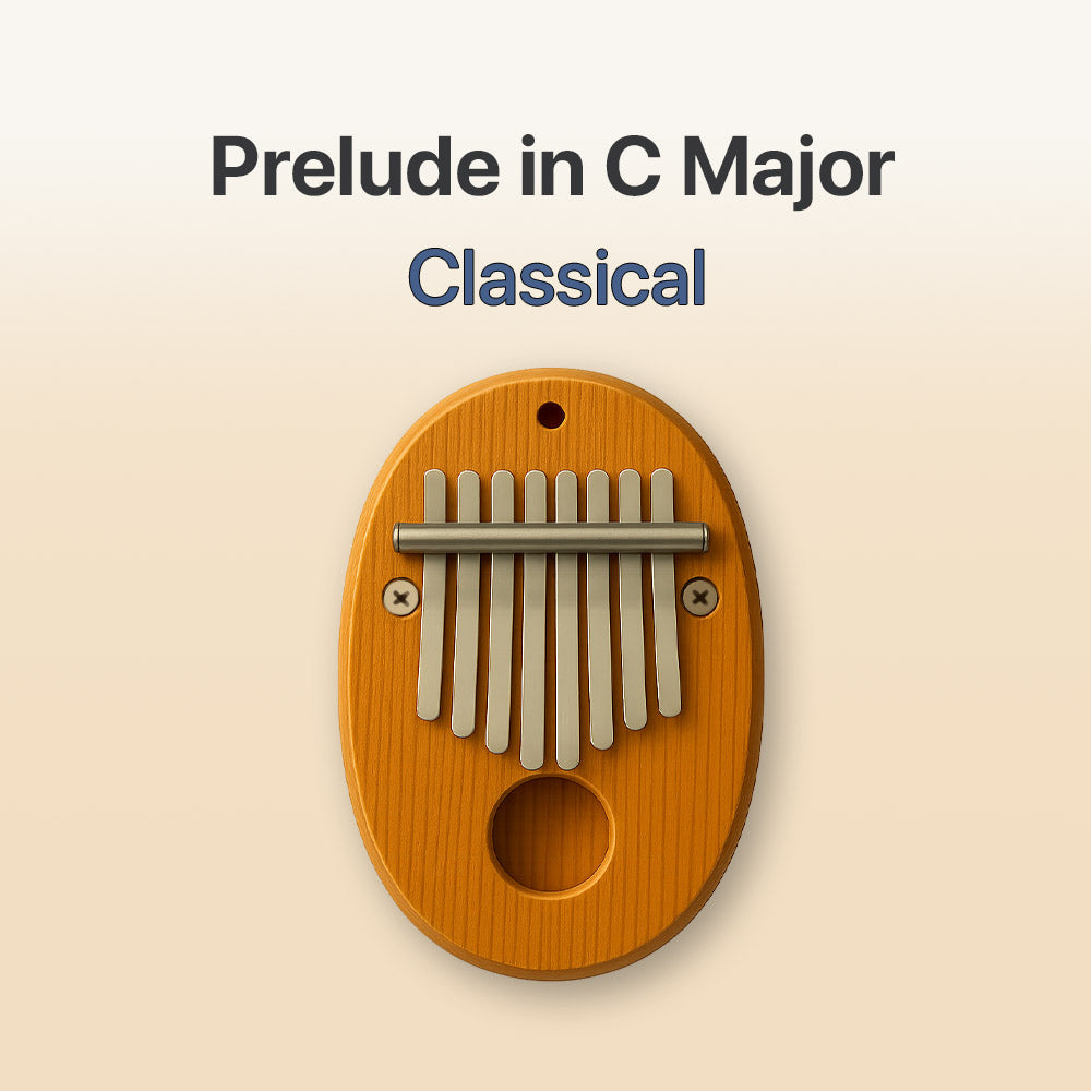 Wooden kalimba with metal tines on a beige background, labeled 'Prelude in C Major Classical'.