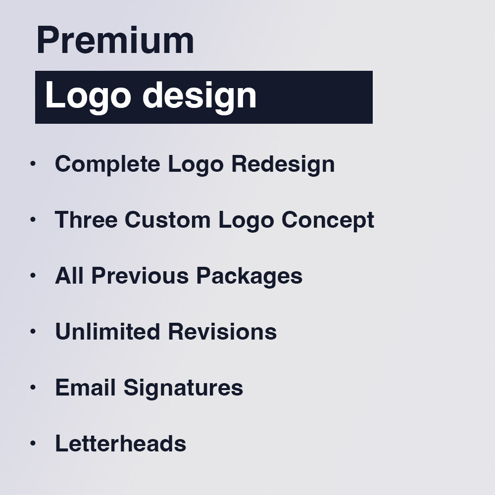 Premium logo design package with three custom logo concepts, all previous package features, unlimited revisions, email signatures, and letterheads.