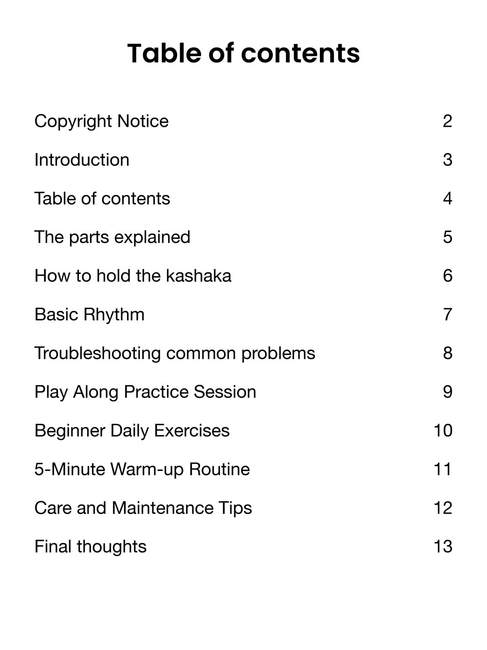 Table of contents for a document or book with chapter titles and page numbers.