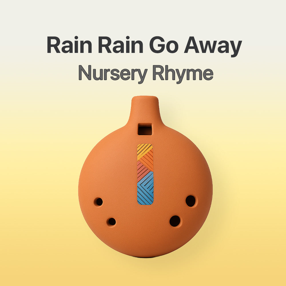 Ceramic Ocarina with colorful patterns on a gradient background, featuring text 'Rain Rain Go Away Nursery Rhyme'.