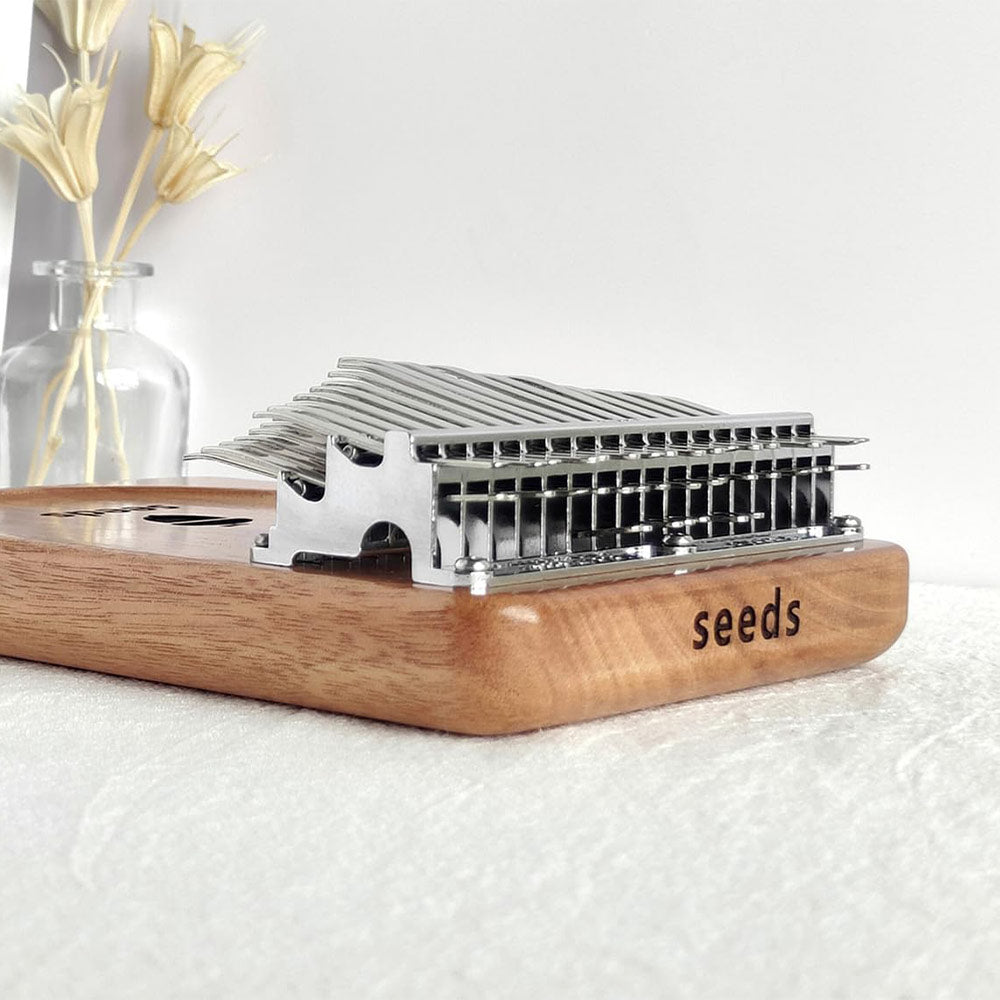 Close-up side view of the Seeds Kalimba 41-key showing the "Seeds" branding clearly on the instrument.