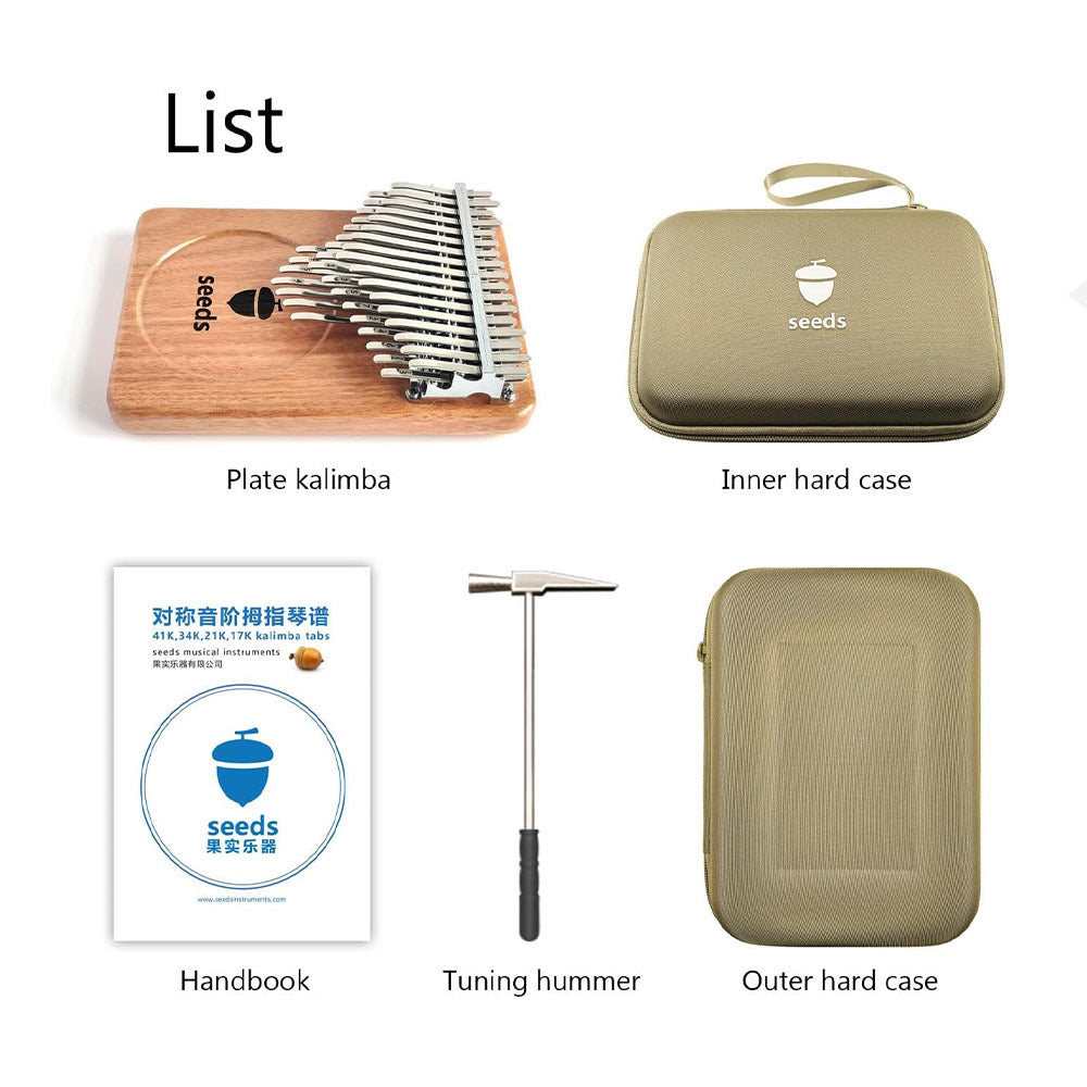 Seeds Kalimba 41-key with handbook, tuning hammer, outer hard case, and inner soft case on a white background.