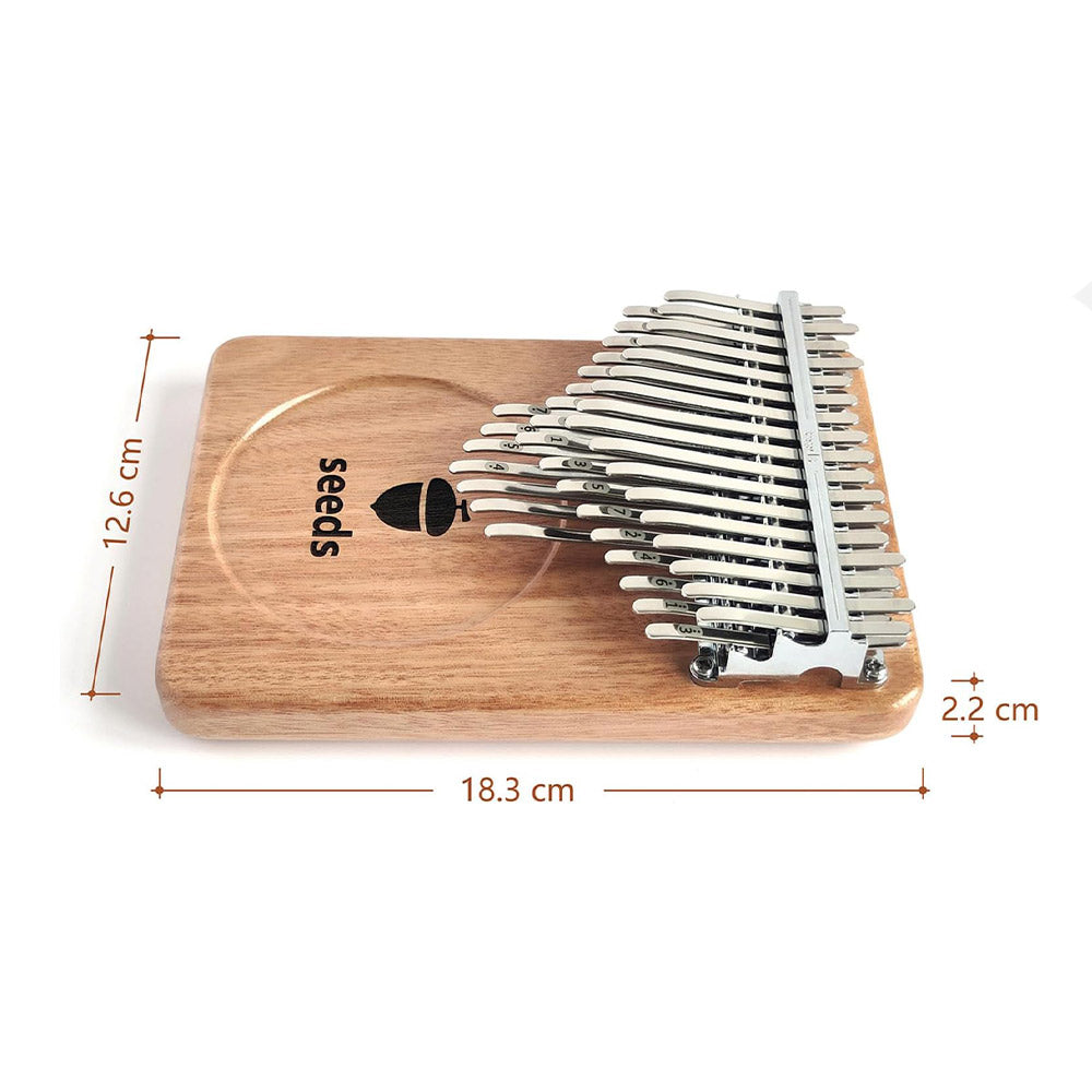Seeds Kalimba 41-key on a white background with labeled measurements in centimeters for precise sizing.