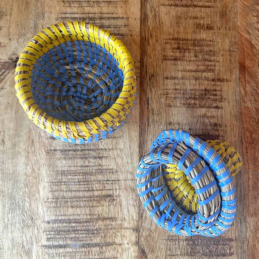 Small African Basket Pot with lid Blue and Yellow