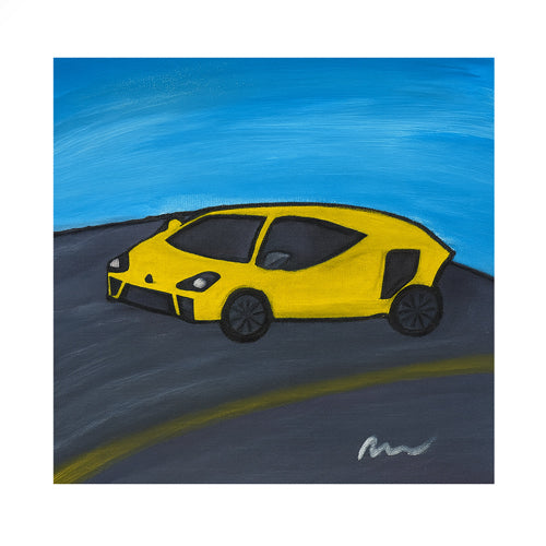 Painting of a yellow lamborghini car on a blue and black background