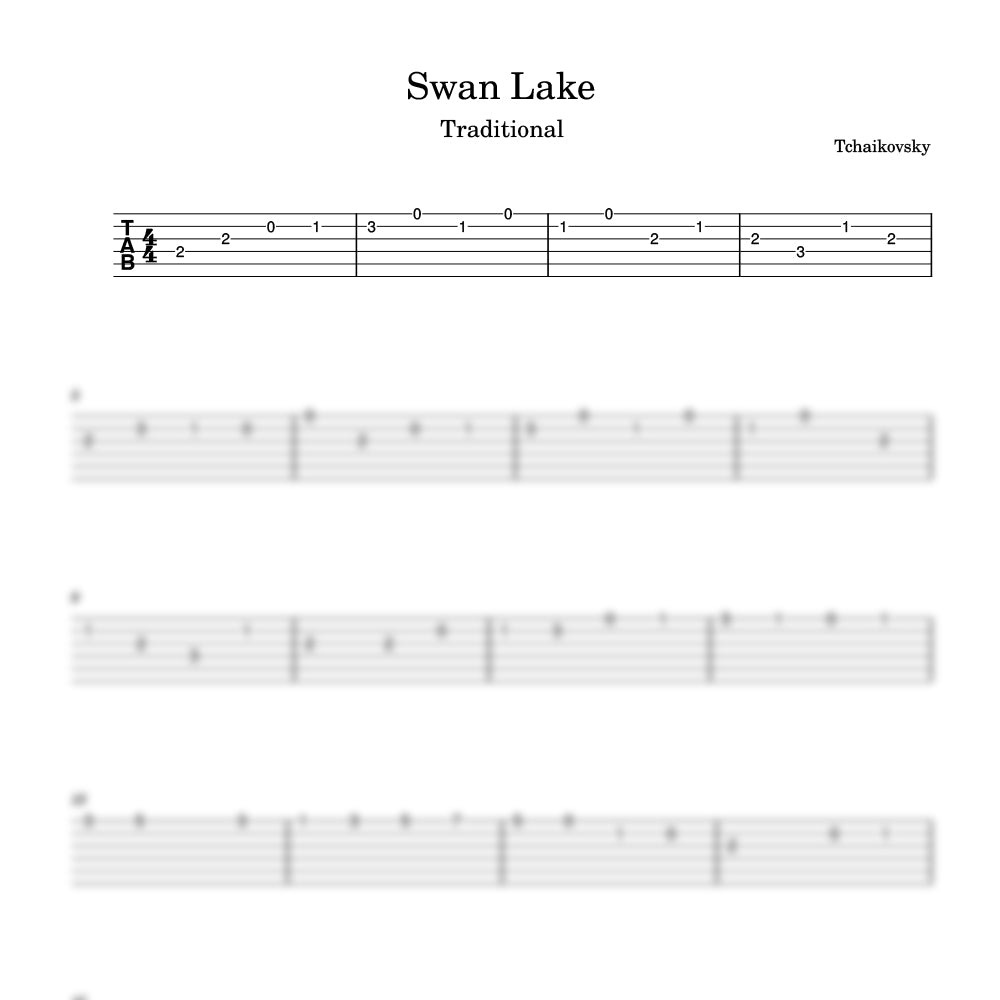 Sheet music for 'Swan Lake' by Tchaikovsky with guitar tablature