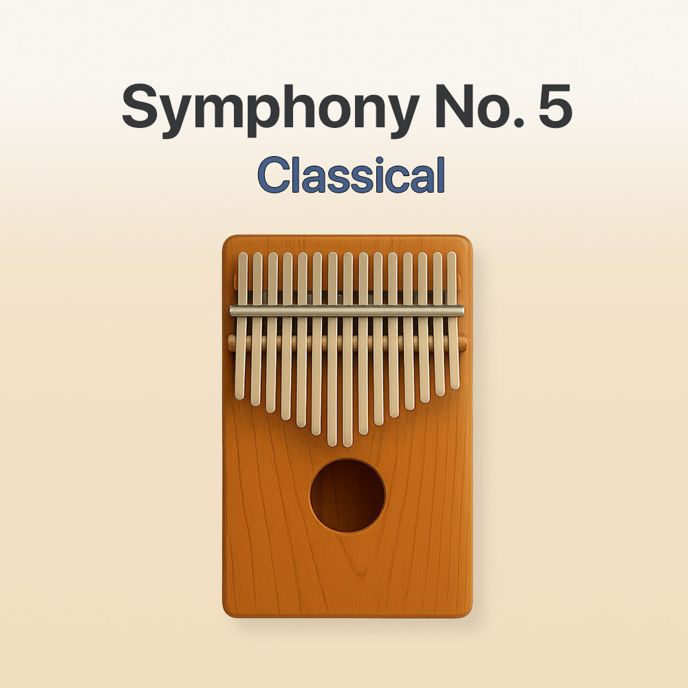 Wooden kalimba with metal tines on a beige background, labeled 'Symphony No. 5 Classical'.