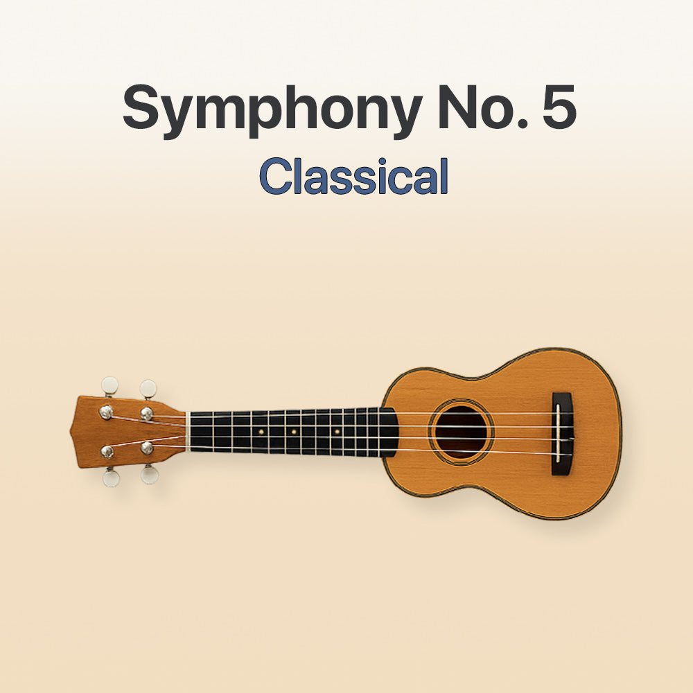 Ukulele with 'Symphony No. 5 Classical' text on a beige background