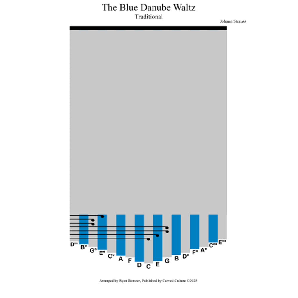 Sheet music cover for 'The Blue Danube Waltz' with blue notes on a gray background