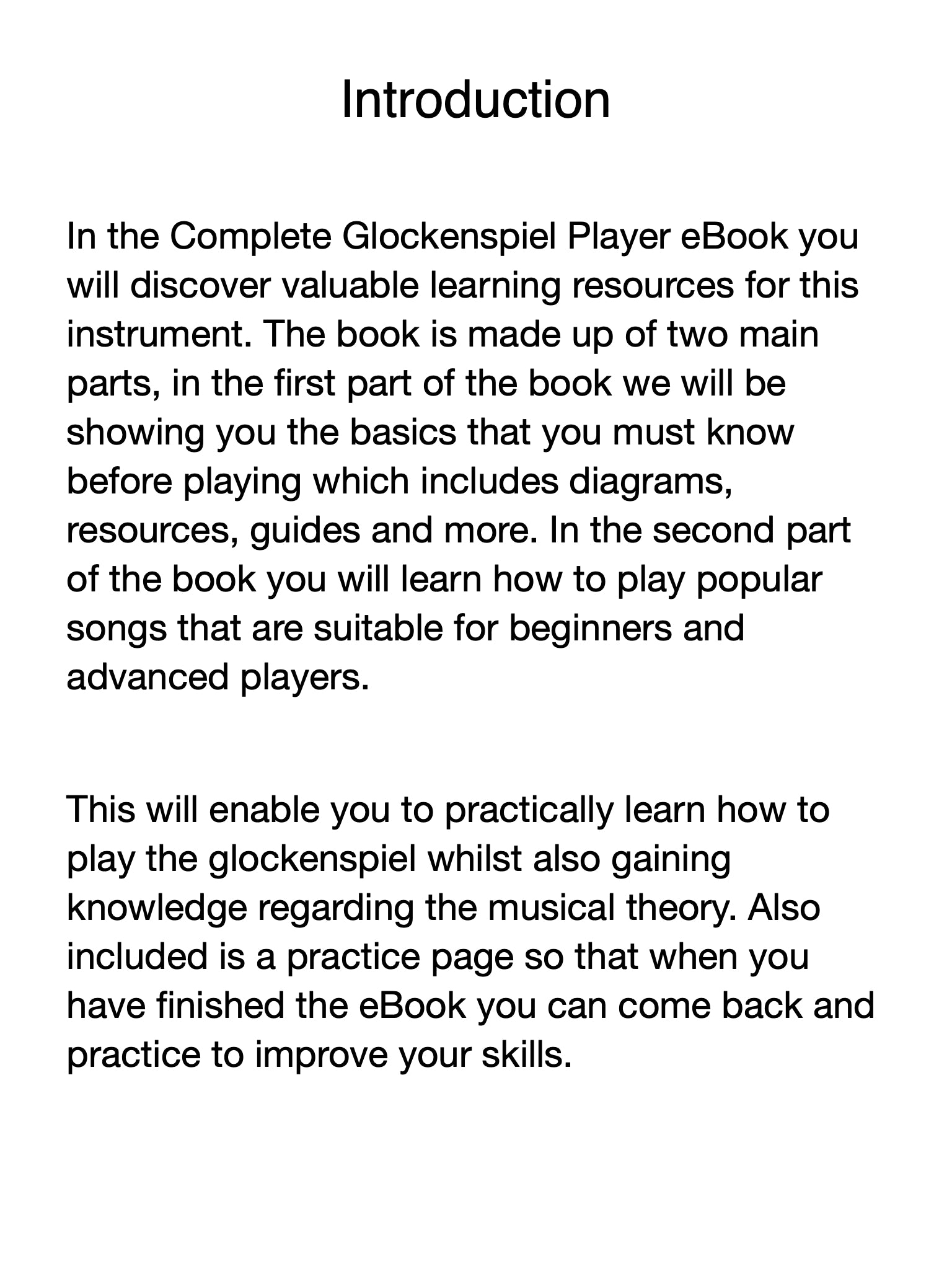 Introduction text for a Complete Glockenspiel Player eBook on a white background