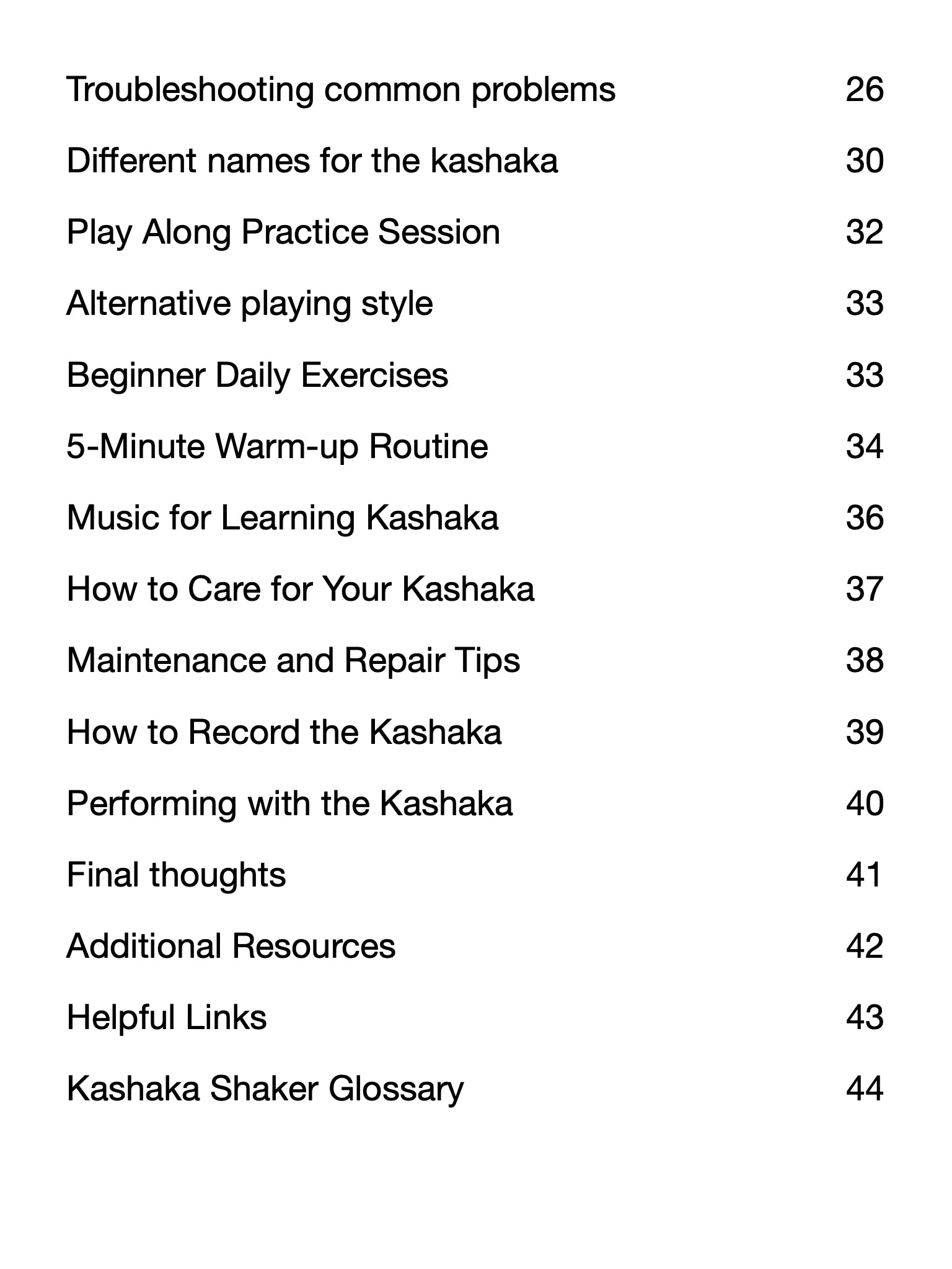 Table of contents for a book or document on kashaka, with chapter titles and page numbers.