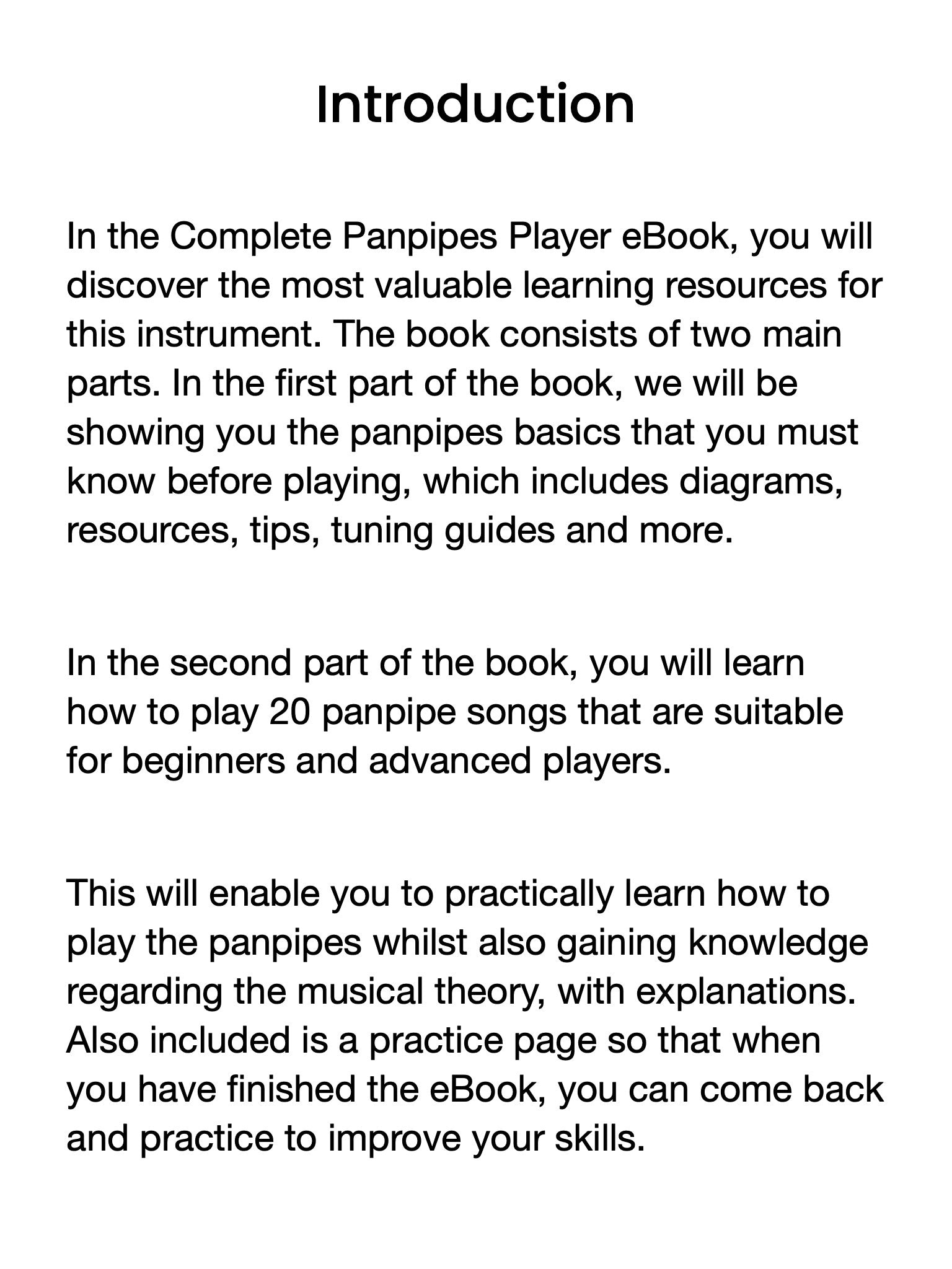 Introduction text for a Complete Panpipes Player eBook on a white background