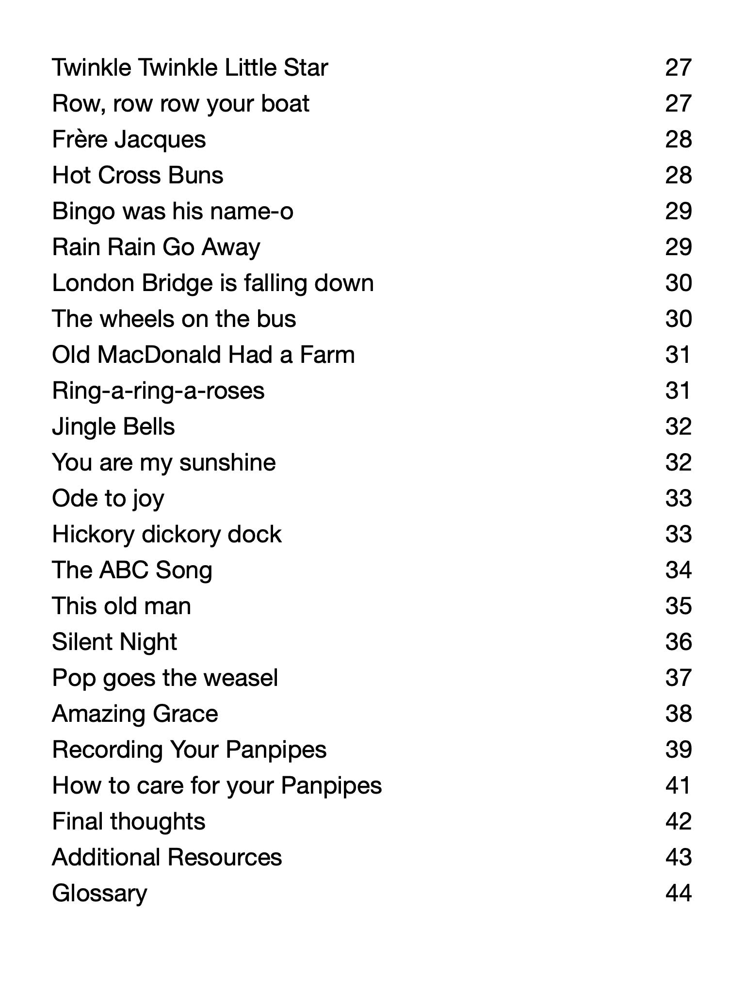 List of nursery rhymes with their corresponding page numbers on a white background