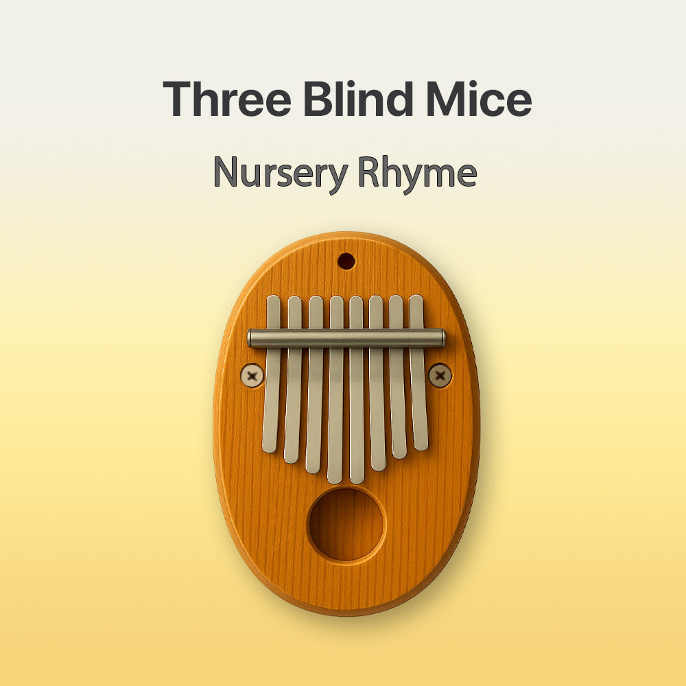 Wooden kalimba with metal tines on a yellow background, featuring text 'Three Blind Mice Nursery Rhyme'.
