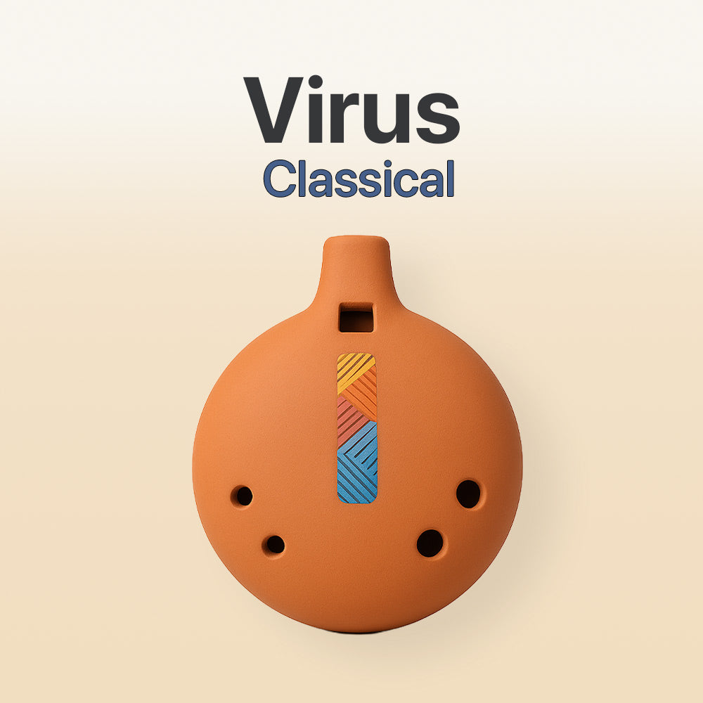 Ceramic ocarina with colorful design on a beige background, featuring the text 'Virus Classical'.
