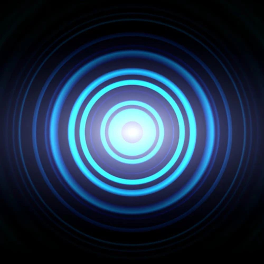 A digital graphic of concentric glowing rings in shades of blue and cyan fading into a bright white center against a dark background. Sound Effects Pack (Digital)