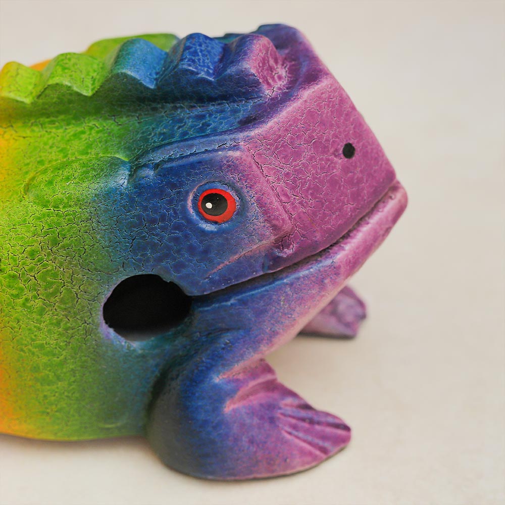 Close-up of the face of the wooden rainbow-coloured frog guiro, showcasing its carved details and vibrant colours.