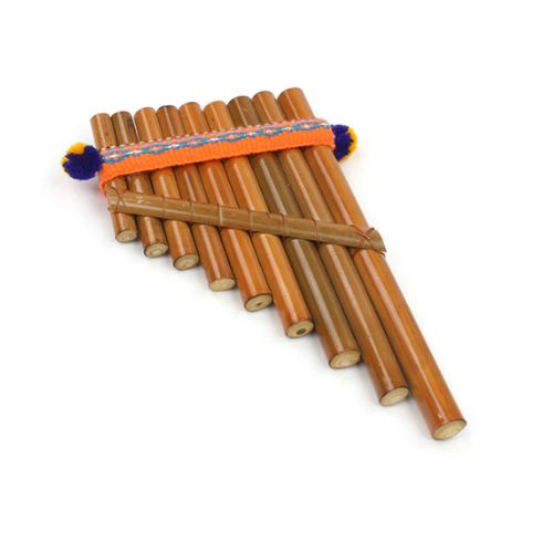 Bamboo pan flute with decorative band on a white background