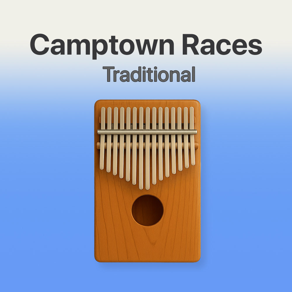 Wooden kalimba with 'Camptown Races' and 'Traditional' text on a blue background