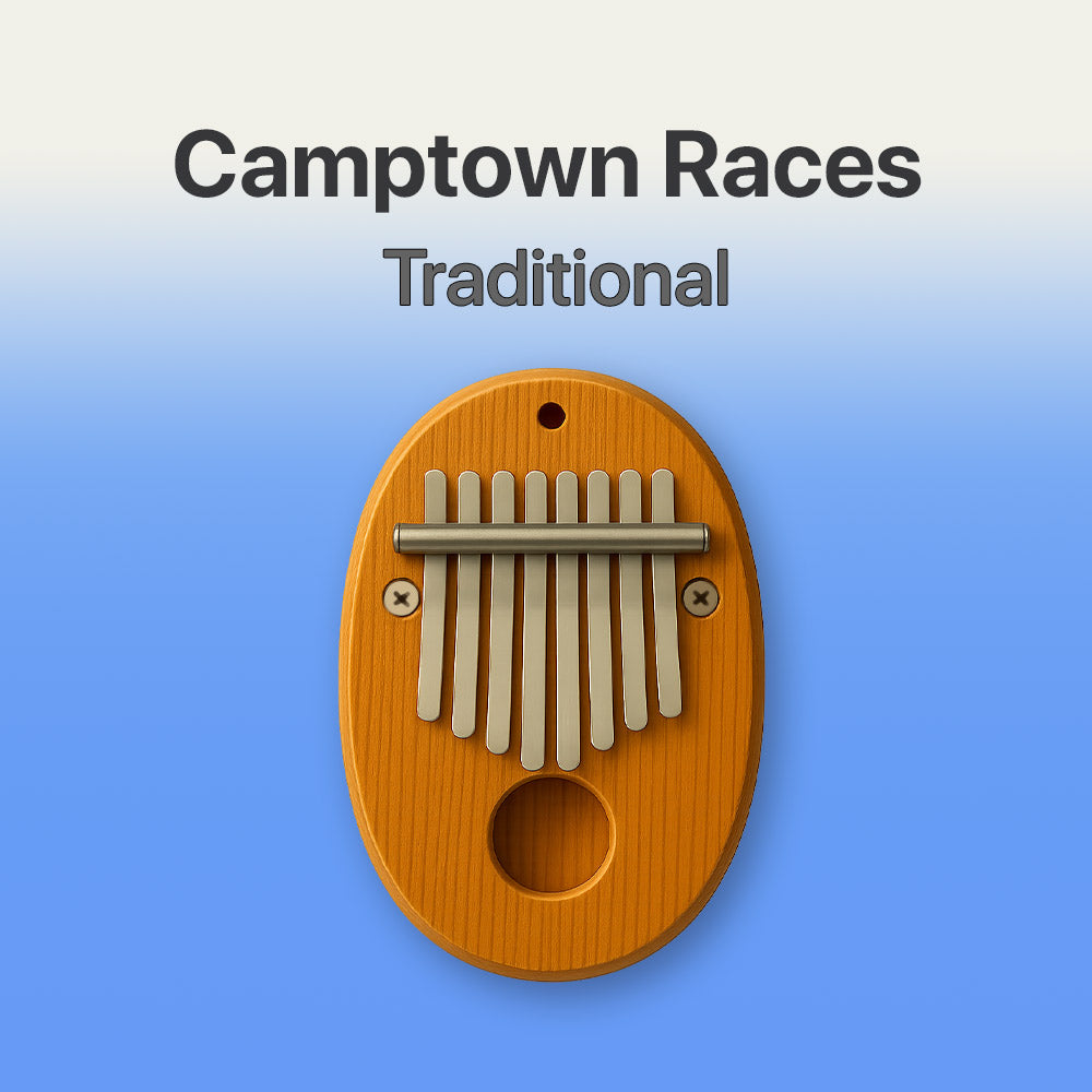 Wooden kalimba with metal tines on a blue background, branded 'Camptown Races'.