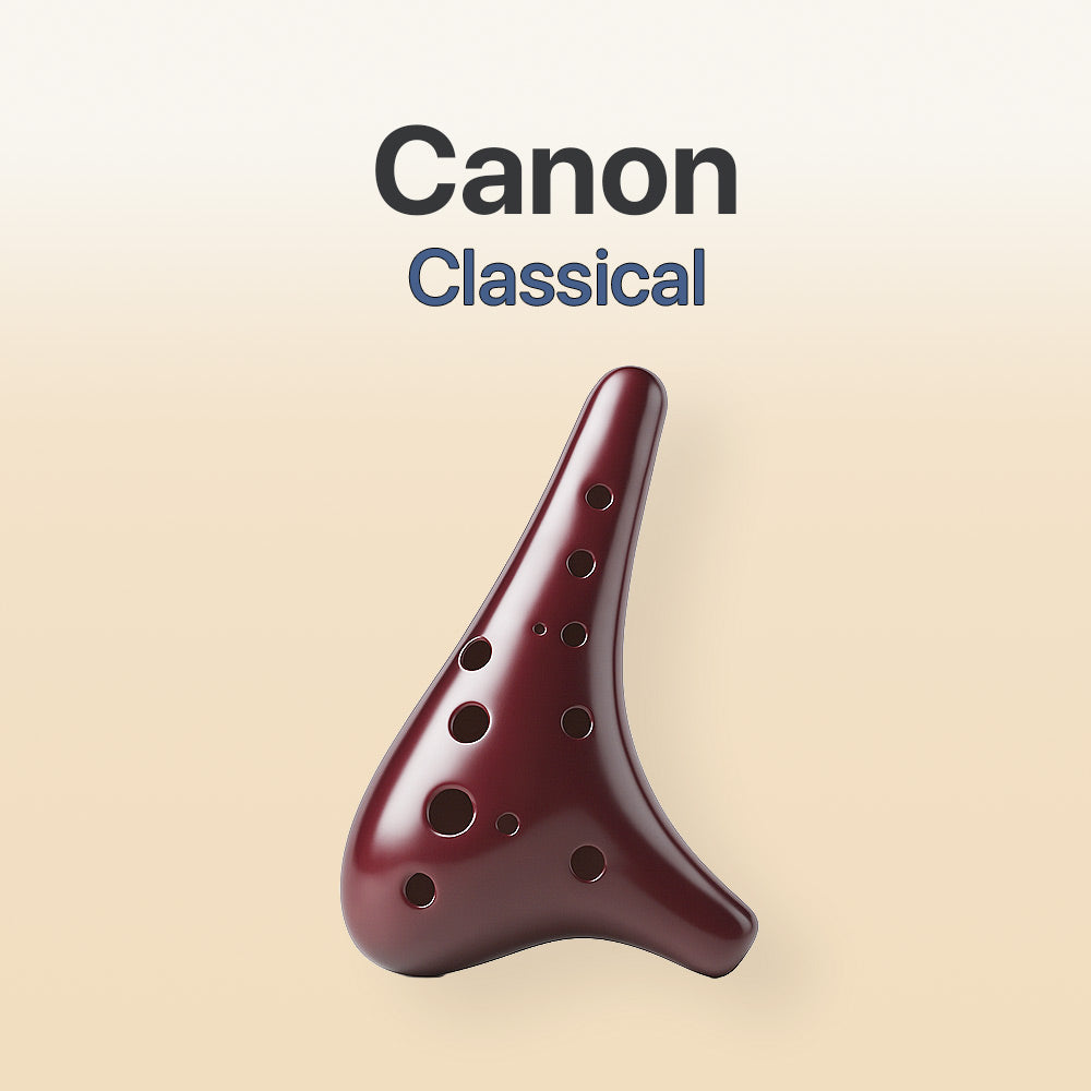 Red ocarina with 'Canon Classical' text on a beige background