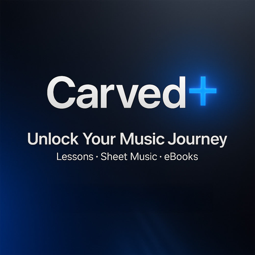 Carved+ logo with text 'Unlock Your Music Journey' on a dark background