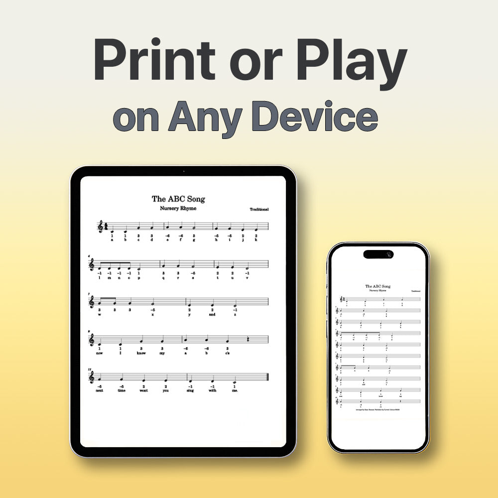 Digital sheet music displayed on a tablet and smartphone with 'Print or Play on Any Device' text.