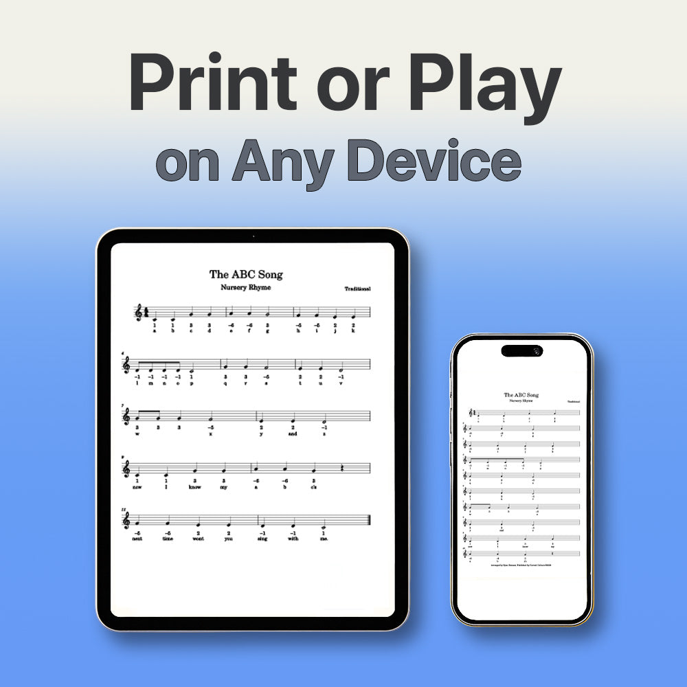 Digital sheet music displayed on a tablet and smartphone with text 'Print or Play on Any Device' on a blue background.