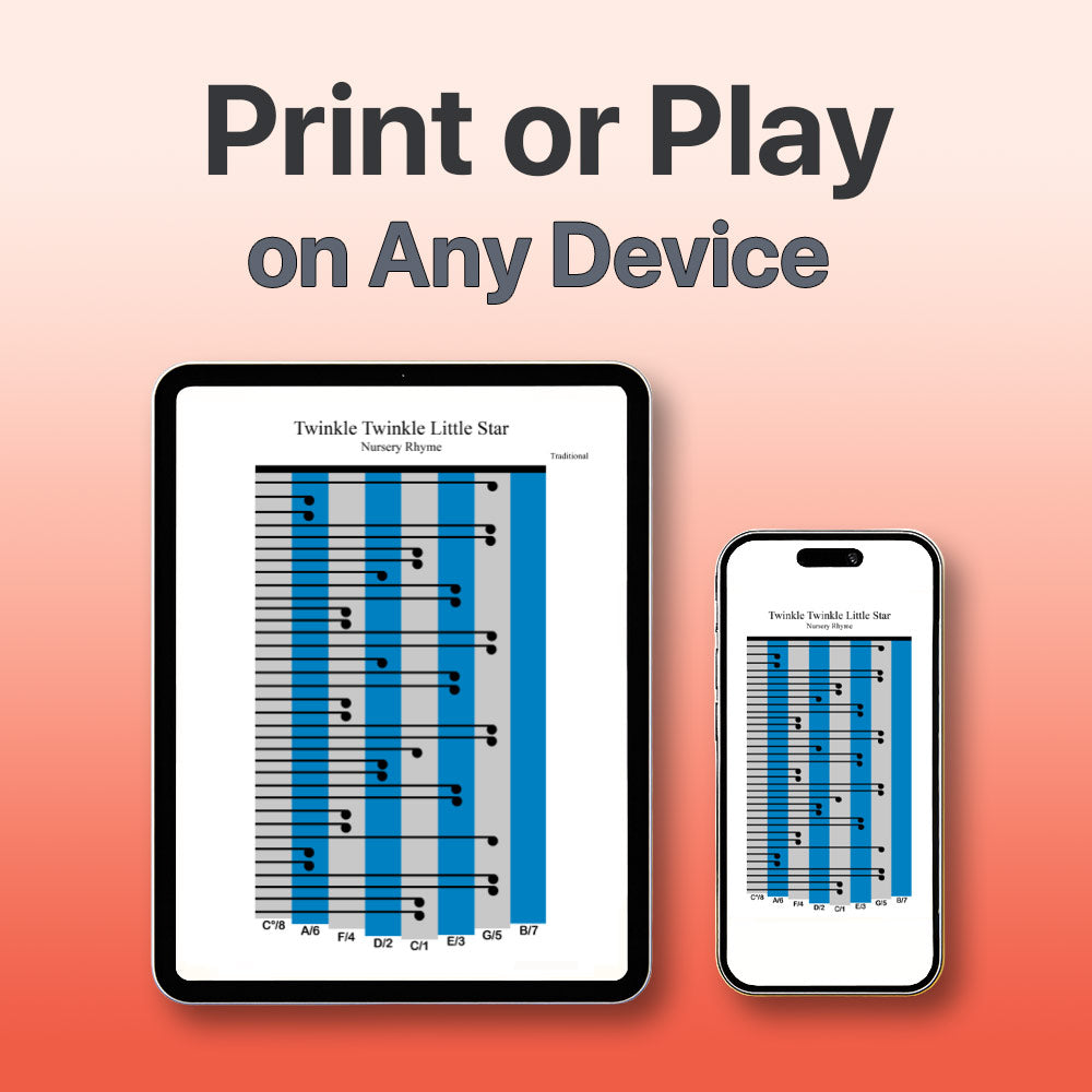 Digital sheet music displayed on a tablet and smartphone with 'Print or Play on Any Device' text.