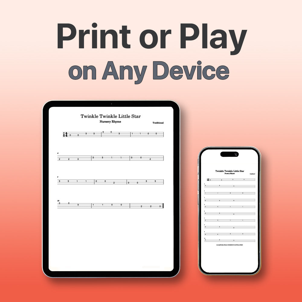 Digital sheet music displayed on a tablet and smartphone with 'Print or Play on Any Device' text.
