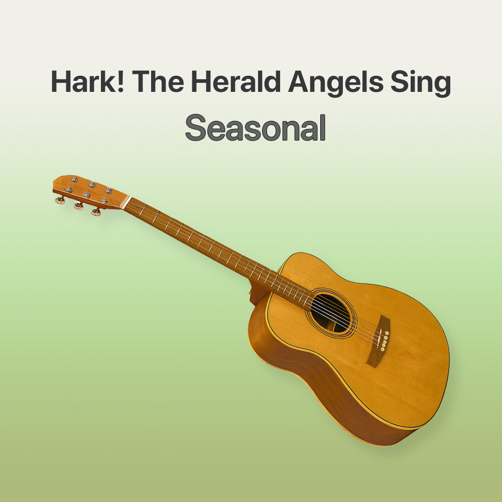 Acoustic guitar on a light green background with text 'Hark! The Herald Angels Sing Seasonal'.
