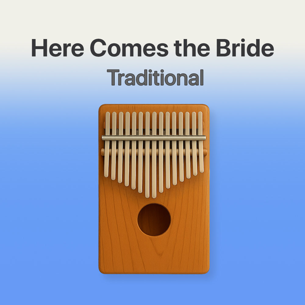 Wooden thumb piano with 'Here Comes the Bride Traditional' text on a blue background