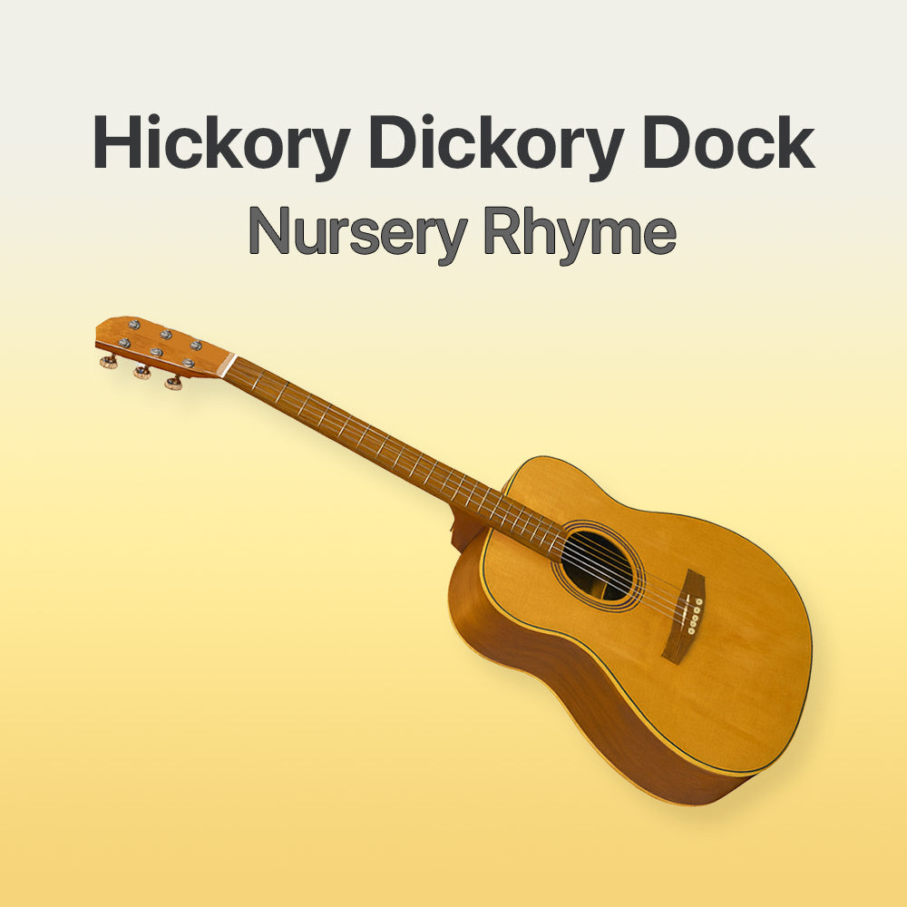 Acoustic guitar on a yellow background with text 'Hickory Dickory Dock Nursery Rhyme'.