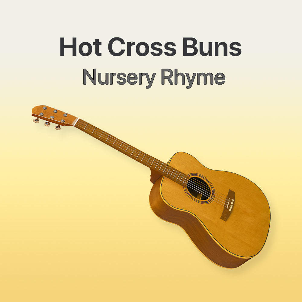 Acoustic guitar on a yellow background with 'Hot Cross Buns Nursery Rhyme' text.