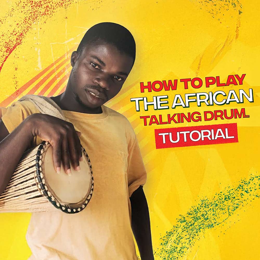 Man holding an African talking drum with text on a yellow background