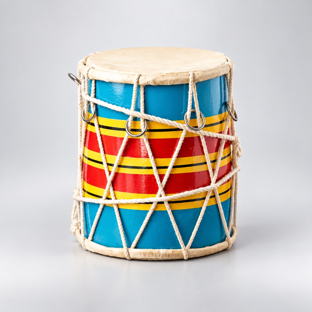 A hand-painted traditional drum with a blue body, red and yellow stripes, and a natural beige skin drumhead, wrapped in white cord with metal rings on a light gray background.