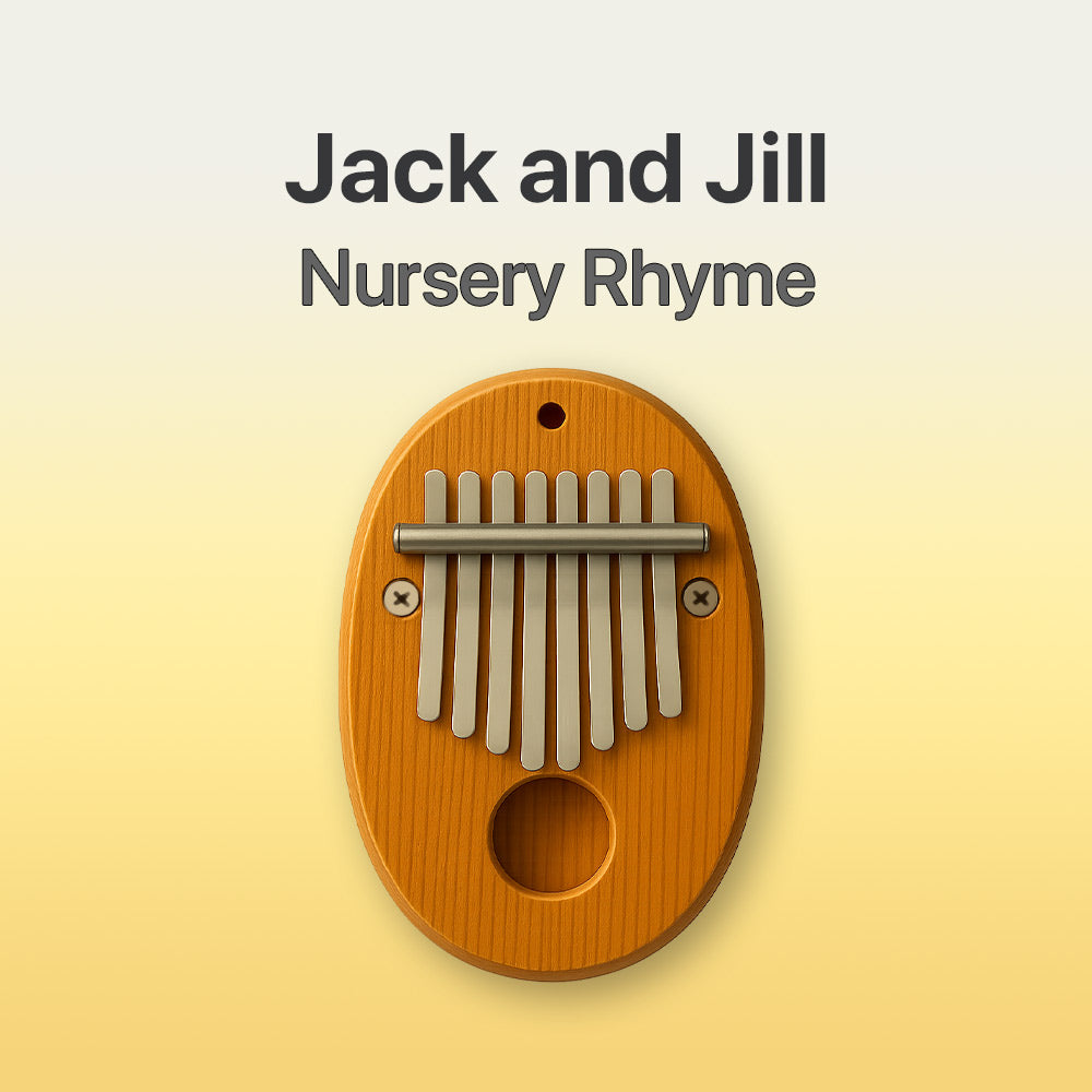 Wooden kalimba with text 'Jack and Jill Nursery Rhyme' on a beige background