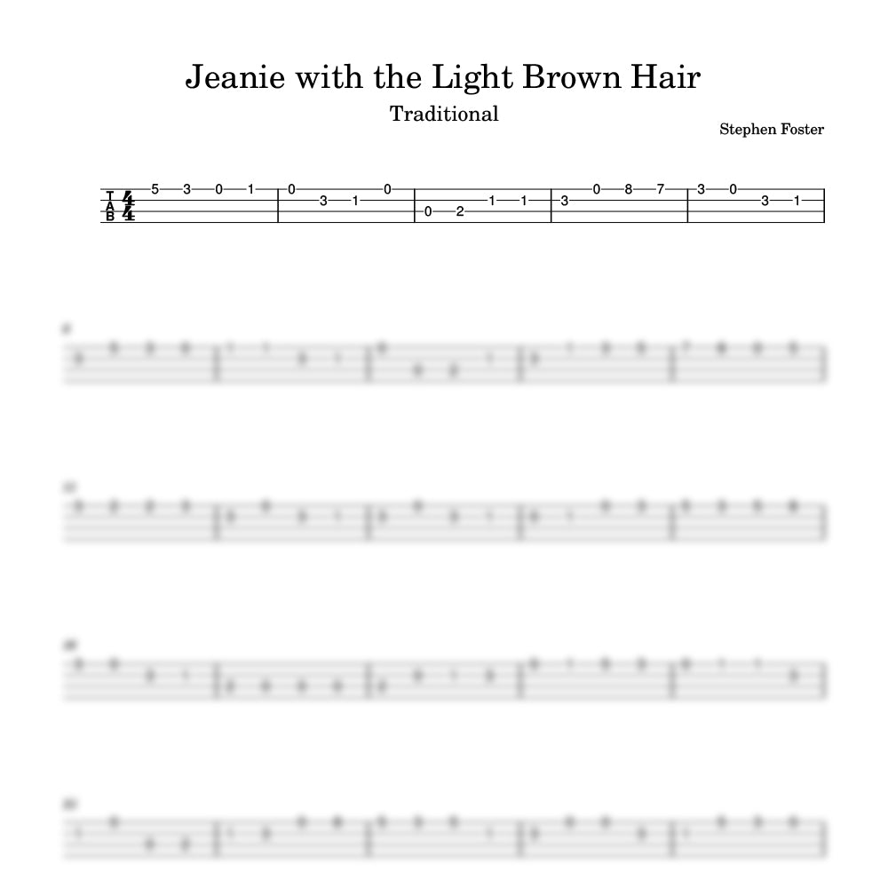 Sheet music for 'Jeanie with the Light Brown Hair' by Stephen Foster with tablature and lyrics.