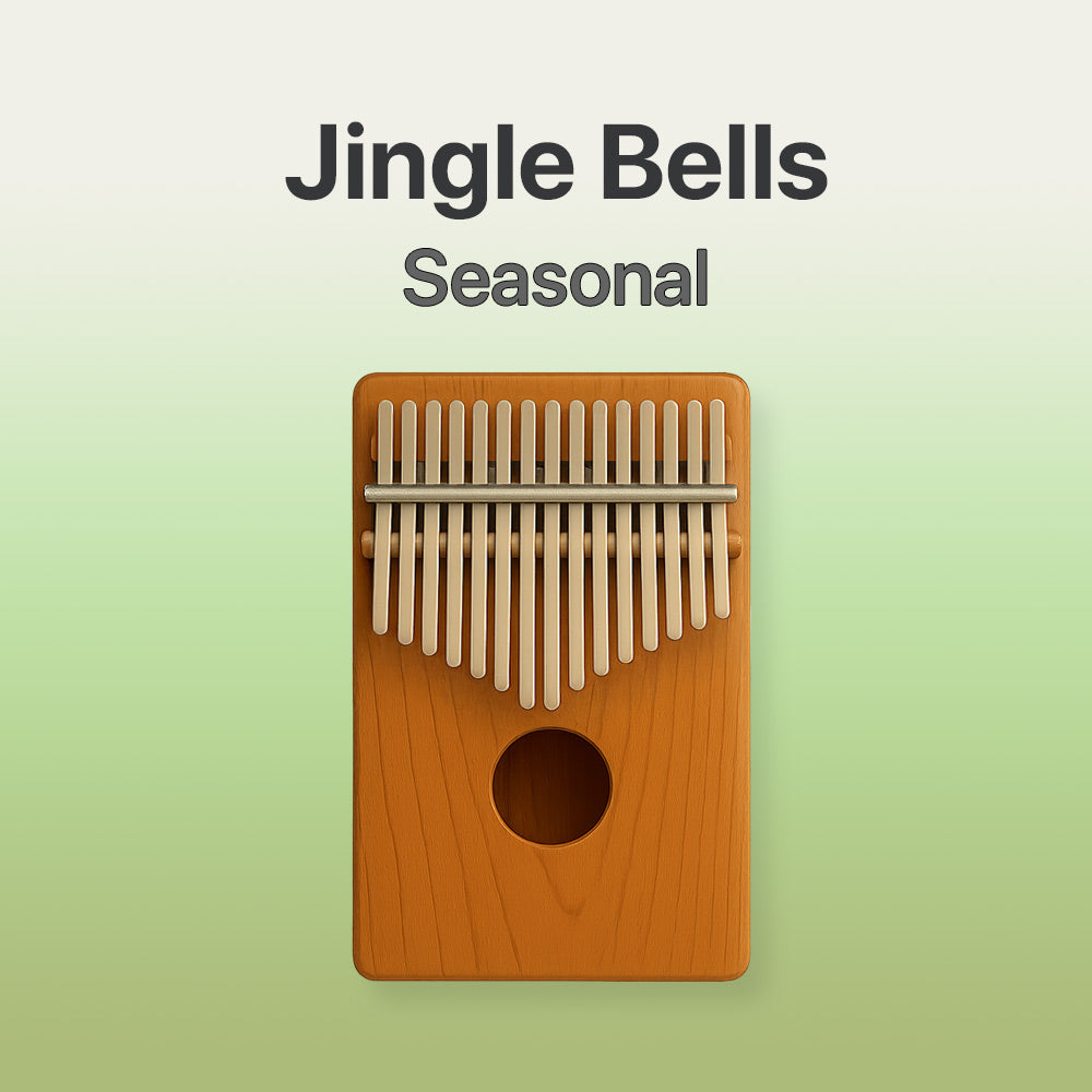 Wooden kalimba with 'Jingle Bells Seasonal' text on a light green background