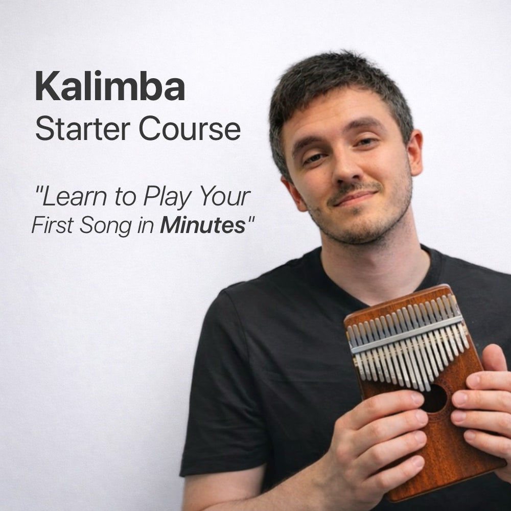 Man holding a kalimba with text about a starter course on a white background