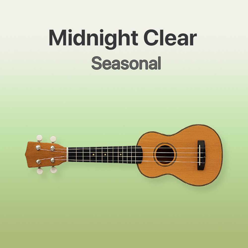 Wooden ukulele on a light green background with 'Midnight Clear Seasonal' text.