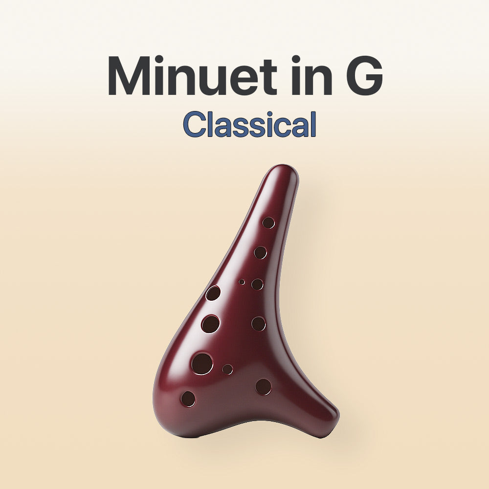 Red ocarina with 'Minuet in G Classical' text on a beige background