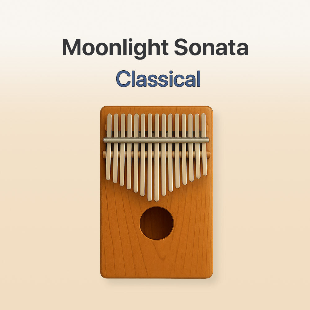 Wooden kalimba with metal tines on a beige background, labeled 'Moonlight Sonata Classical'.