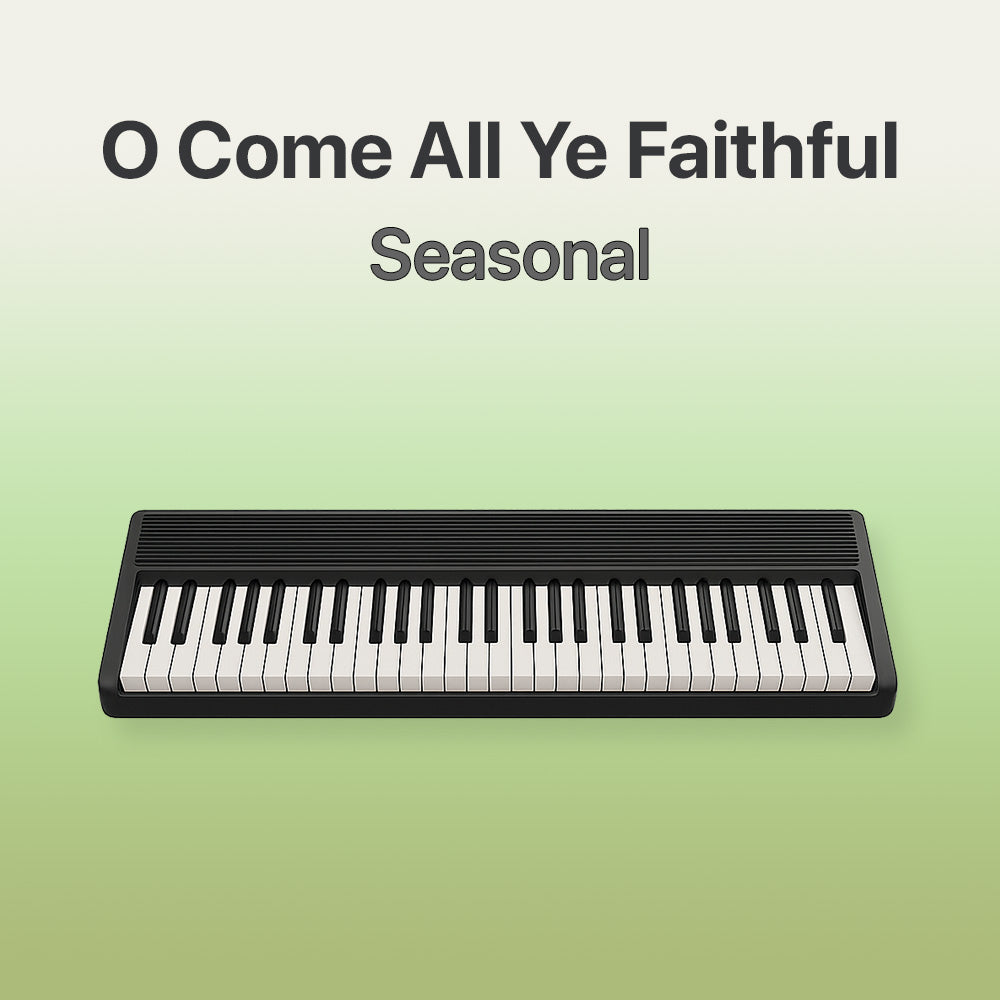 Keyboard with text 'O Come All Ye Faithful Seasonal' on a green background