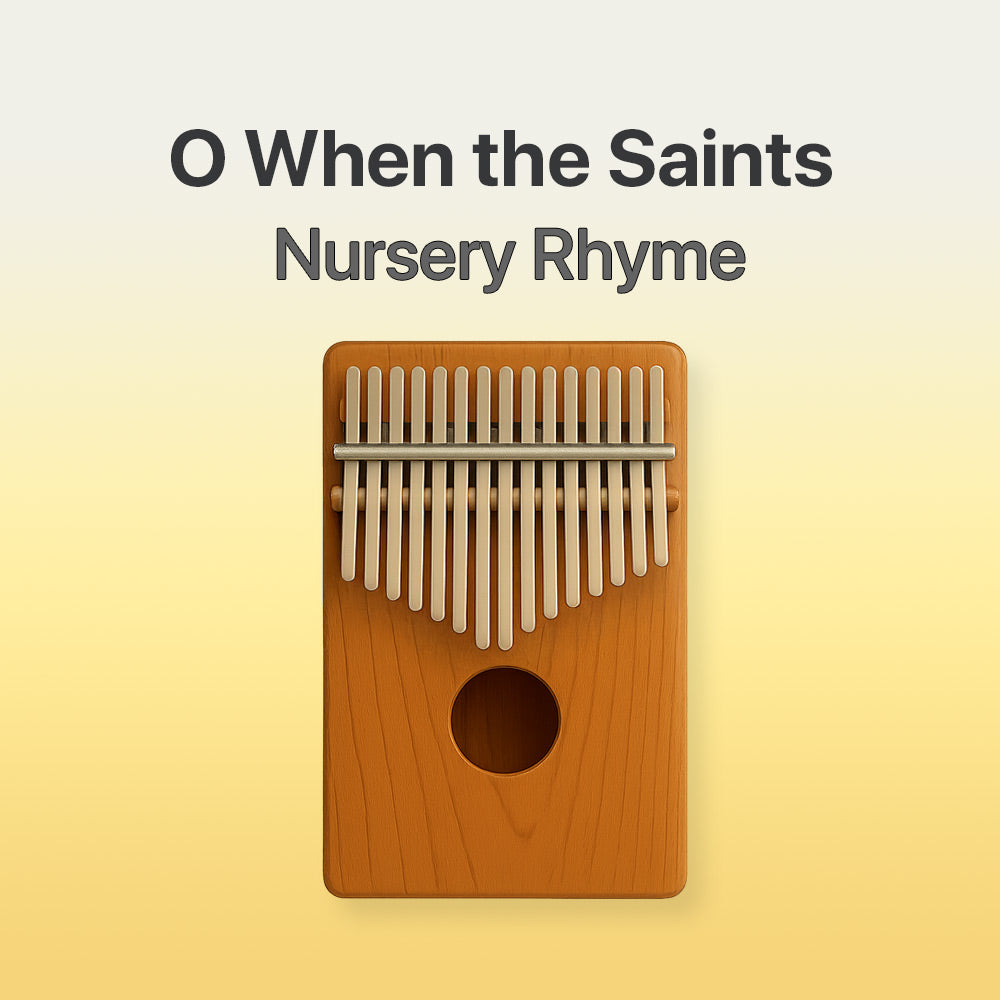 Wooden kalimba on a yellow background with text 'O When the Saints Nursery Rhyme'.