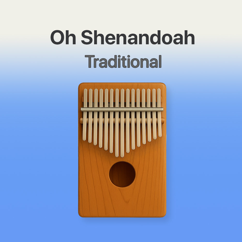 Wooden kalimba with metal tines on a blue background, labeled 'Oh Shenandoah Traditional'.