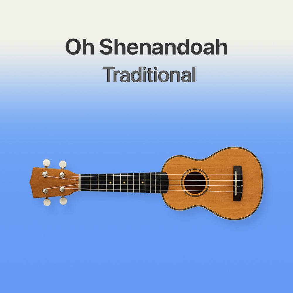 Wooden ukulele on a blue background with 'Oh Shenandoah Traditional' text.